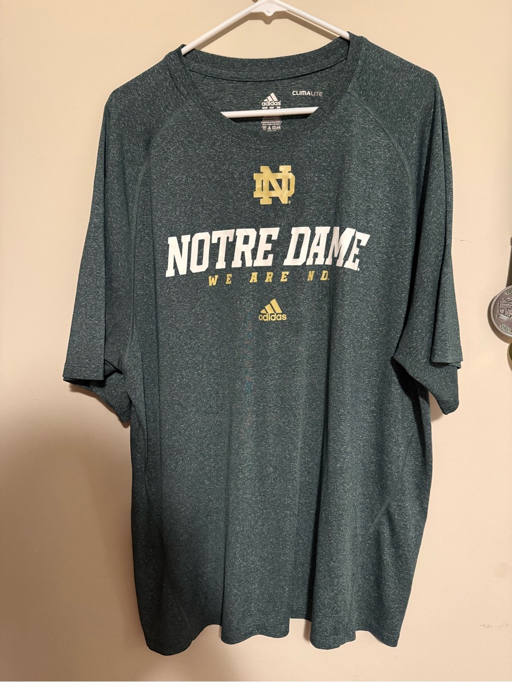adidas Notre Dame Green Short Sleeve Tee with Gold and White Logo